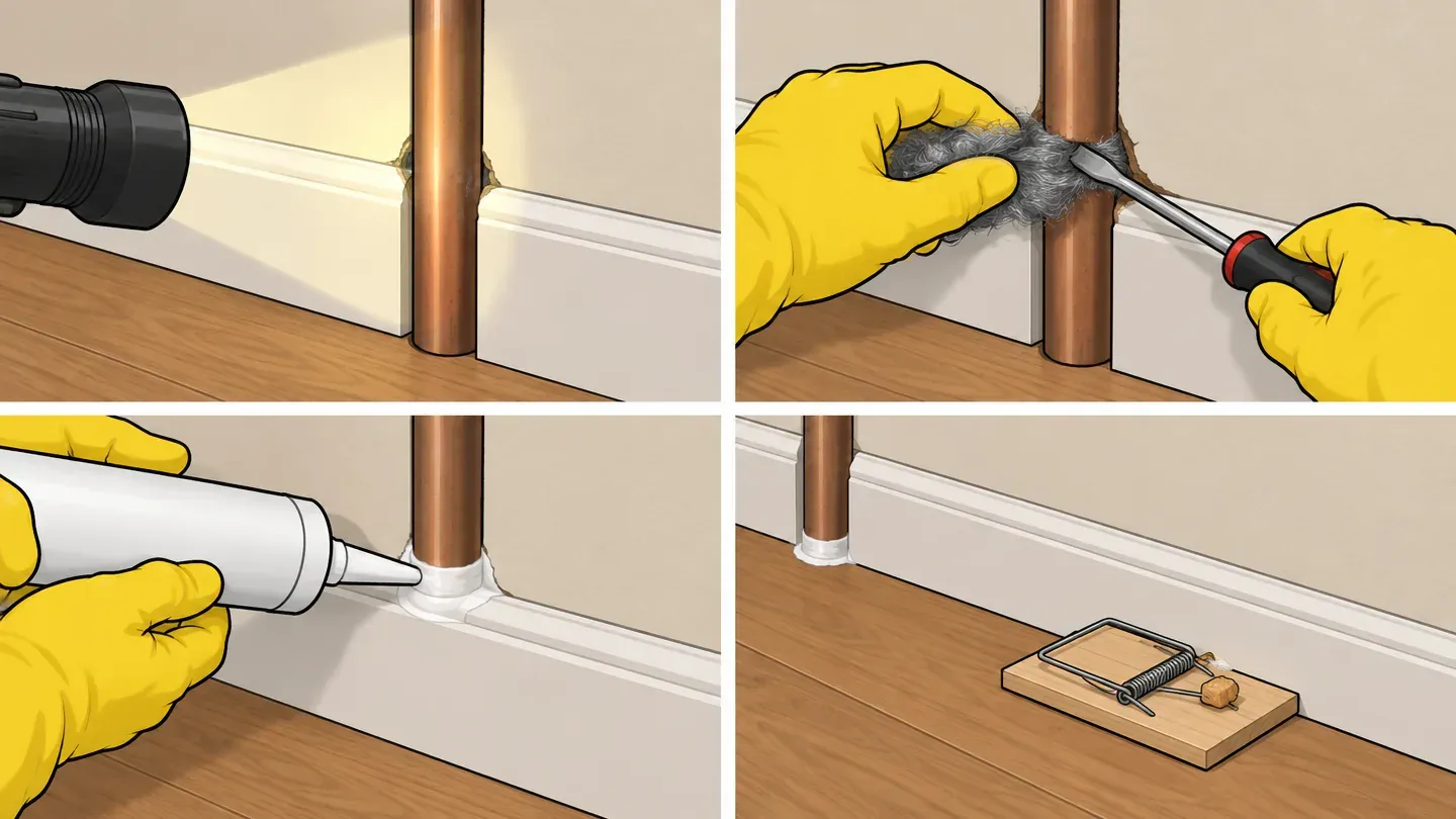 Four panels of gloved hands: a pencil-size gap by a pipe, steel wool packed in with a screwdriver, a bead of caulk run over it, and a snap trap set against the wall nearby