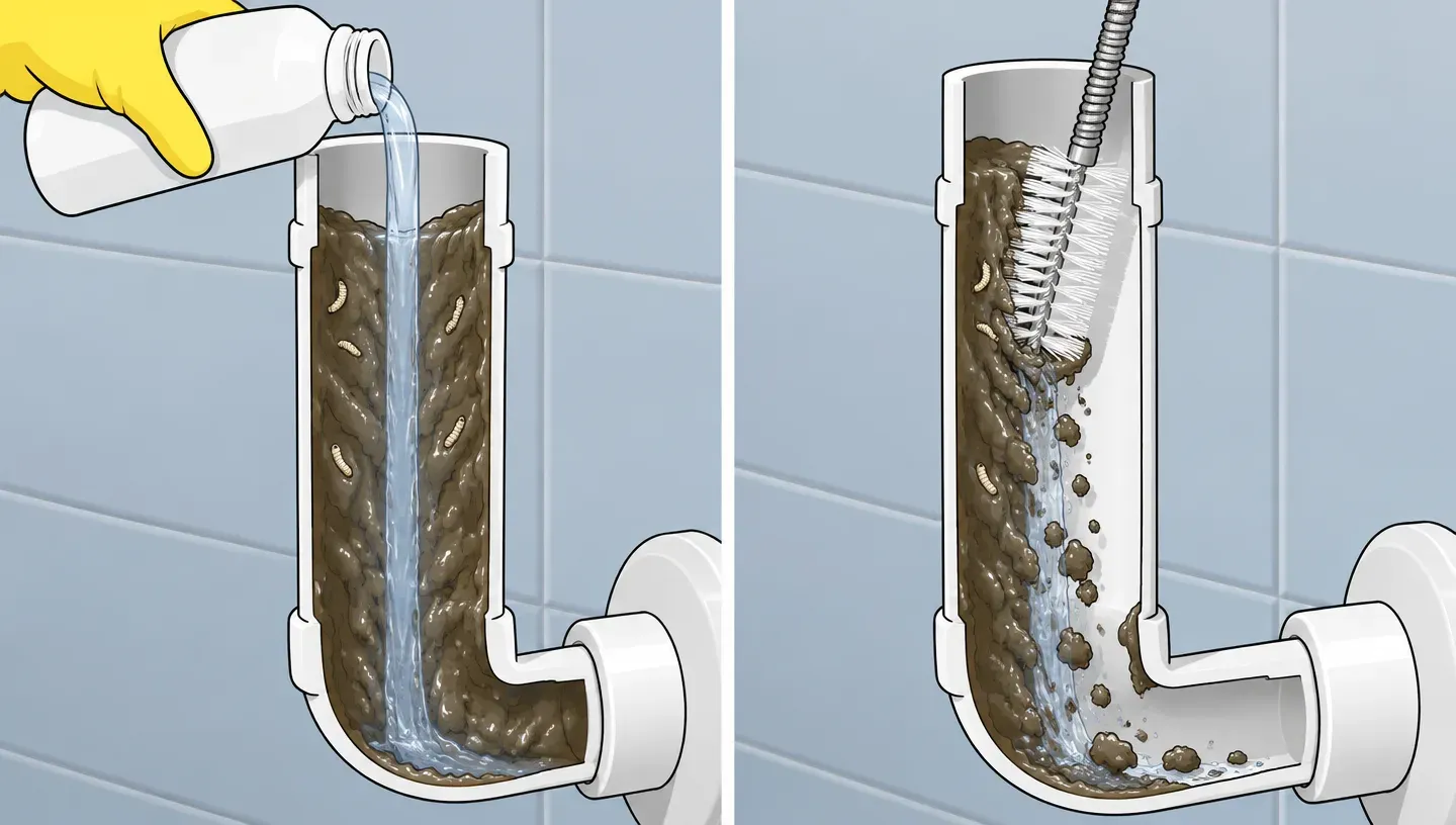 Cross-section of a drain pipe coated with a thick slime layer: on the left, clear liquid poured from a bottle runs over the top of the slime, and on the right, a brush scrapes the slime off the pipe wall