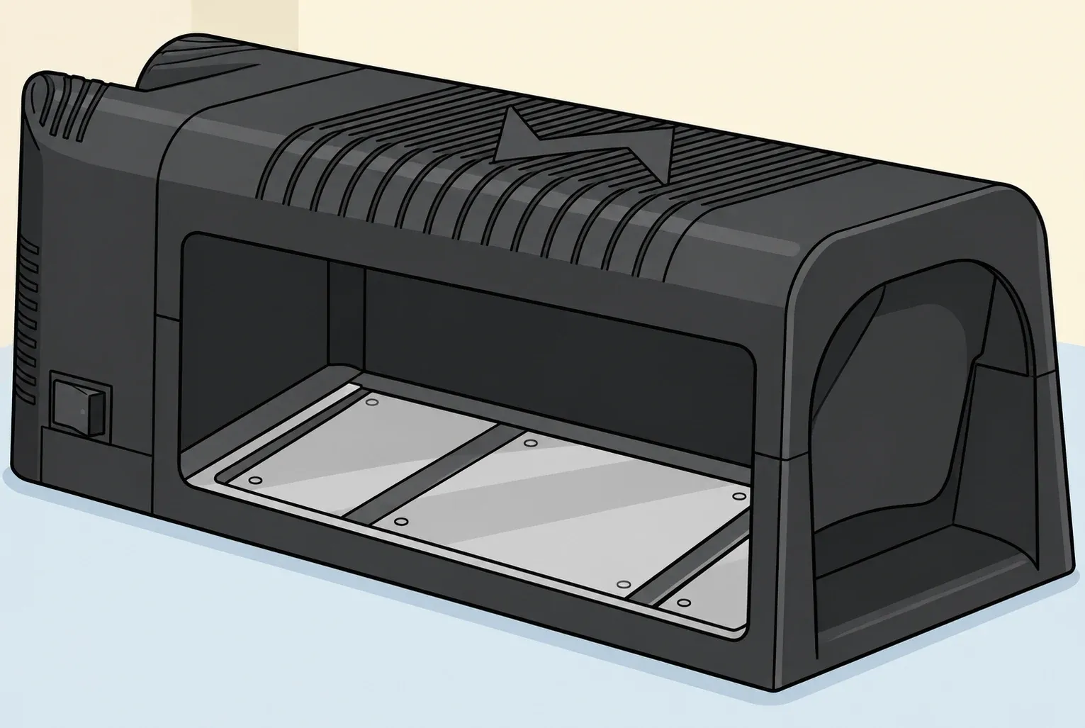 Illustration of an enclosed electronic mouse trap with an empty interior and metal floor plates