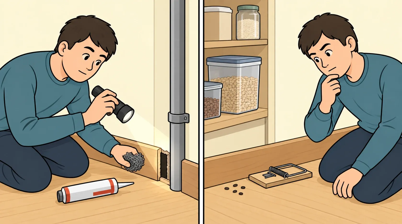 A homeowner checks a wall gap, prepares a steel-wool-and-caulk repair, and places a snap trap near mouse signs with food stored in closed containers