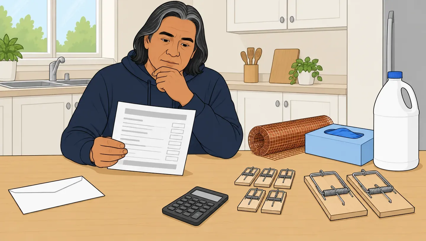 A man in a navy hoodie at a kitchen table compares a pest control estimate with a small pile of DIY rodent supplies
