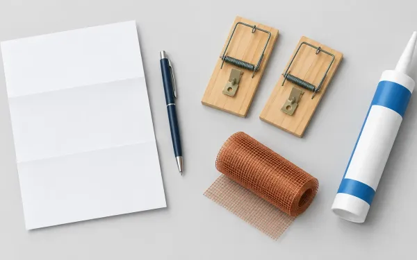Illustration: top-down flat lay on a kitchen counter: a blank folded service invoice with a pen beside it on one side, and on the other side two wooden snap traps, a roll of copper mesh and a caulk tube.