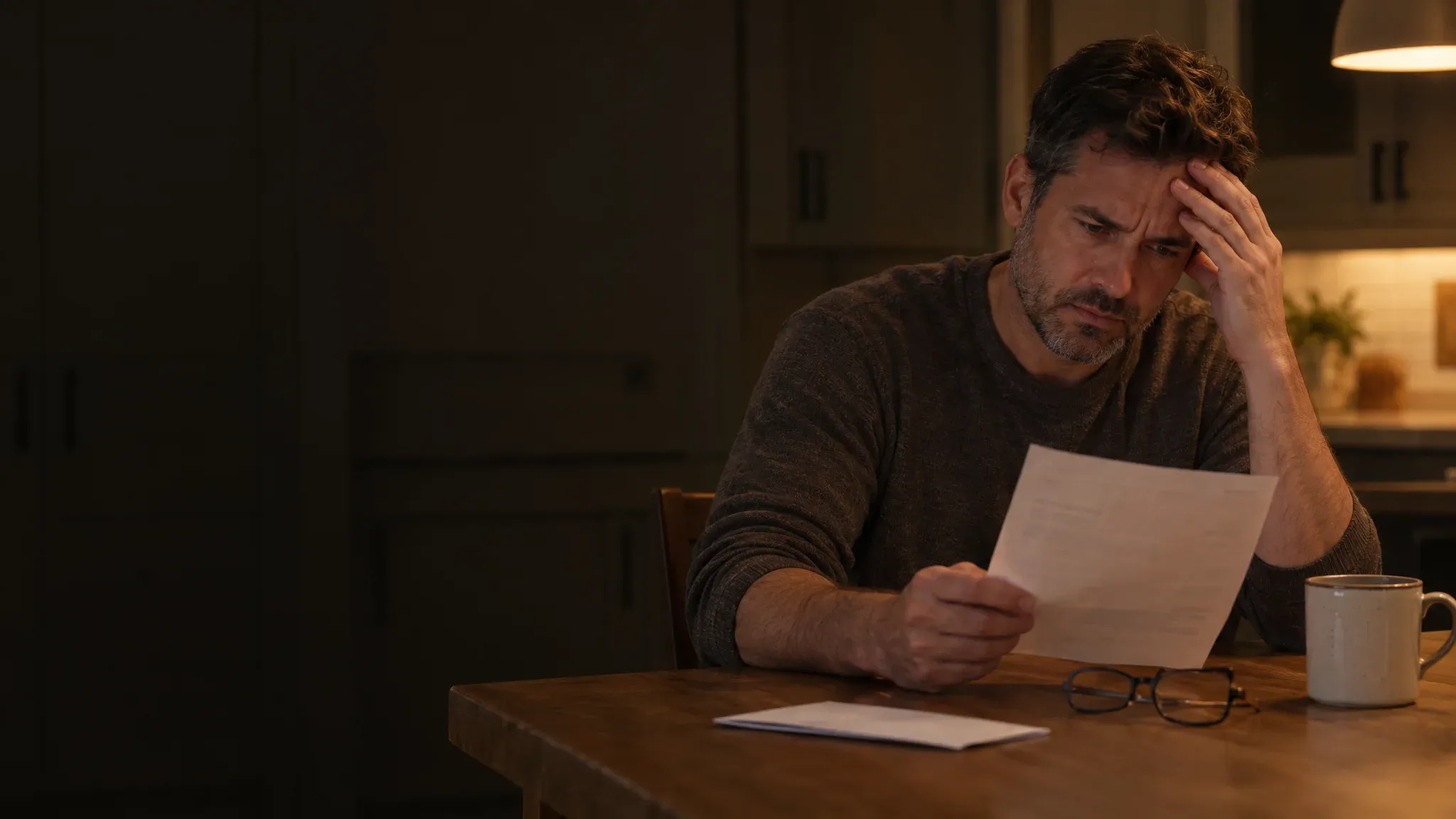 A homeowner at a kitchen table frowning at a pest control invoice