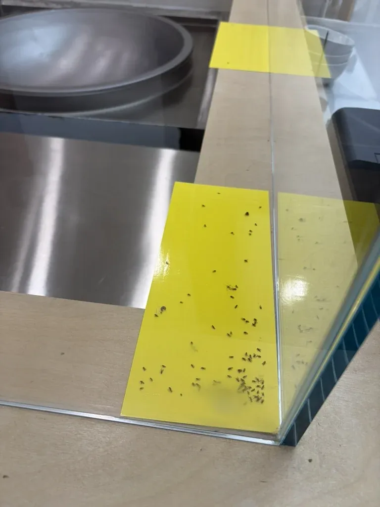 A yellow sticky fly board covered in flies on a stainless steel restaurant counter