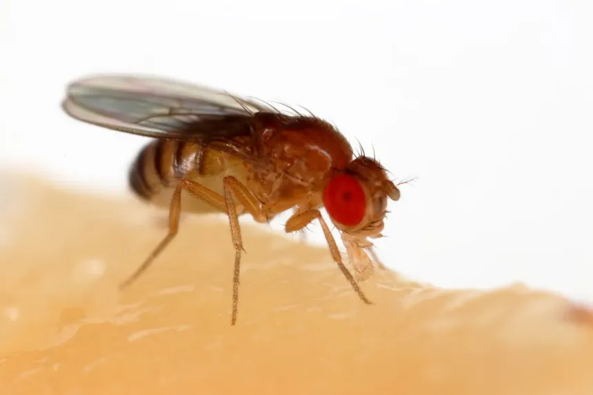 A tan fruit fly with bright red eyes feeding on a piece of banana