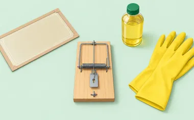 Illustration: top-down flat lay on a pale table: an unused rectangular glue board set aside at an angle, a small bottle of vegetable oil, a pair of rubber gloves and a wooden snap trap placed front and center.