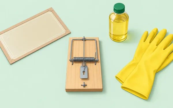 Illustration: top-down flat lay on a pale table: an unused rectangular glue board set aside at an angle, a small bottle of vegetable oil, a pair of rubber gloves and a wooden snap trap placed front and center.