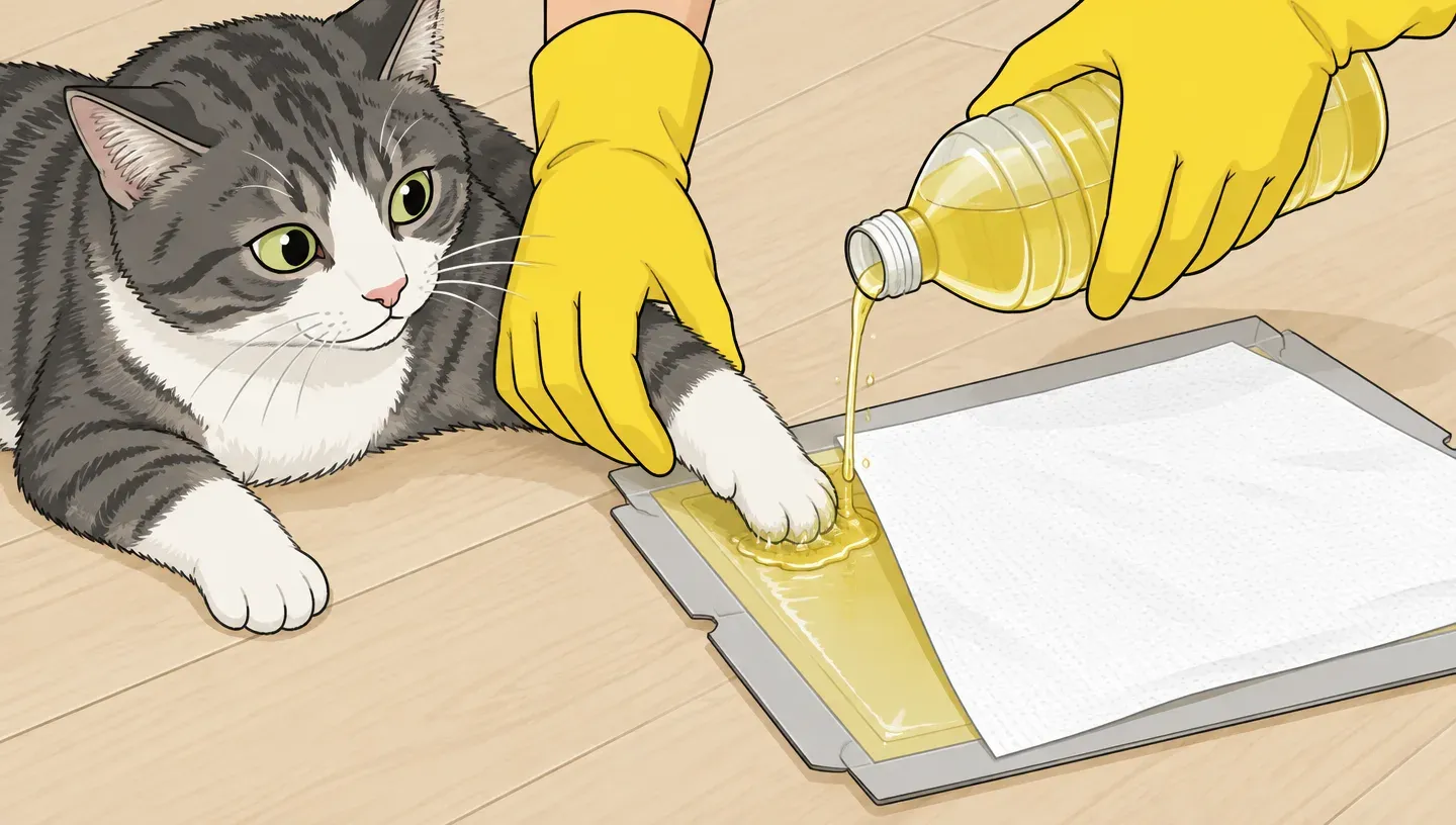 Gloved hands drip vegetable oil onto a glue trap around a cat's paw while a paper towel covers the rest of the glue