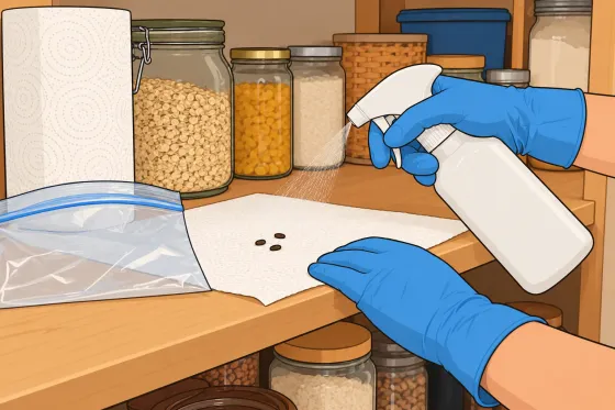 Gloved hands spraying disinfectant on mouse droppings on a pantry shelf before wiping them up with a paper towel