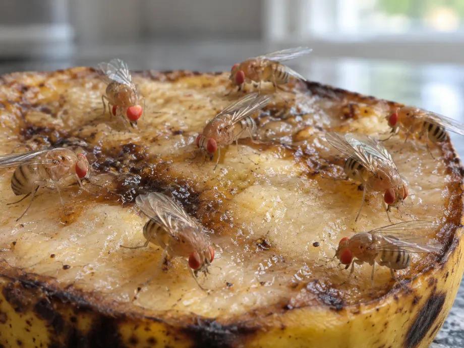 Close-up of fruit flies with red eyes feeding on the cut surface of an overripe banana