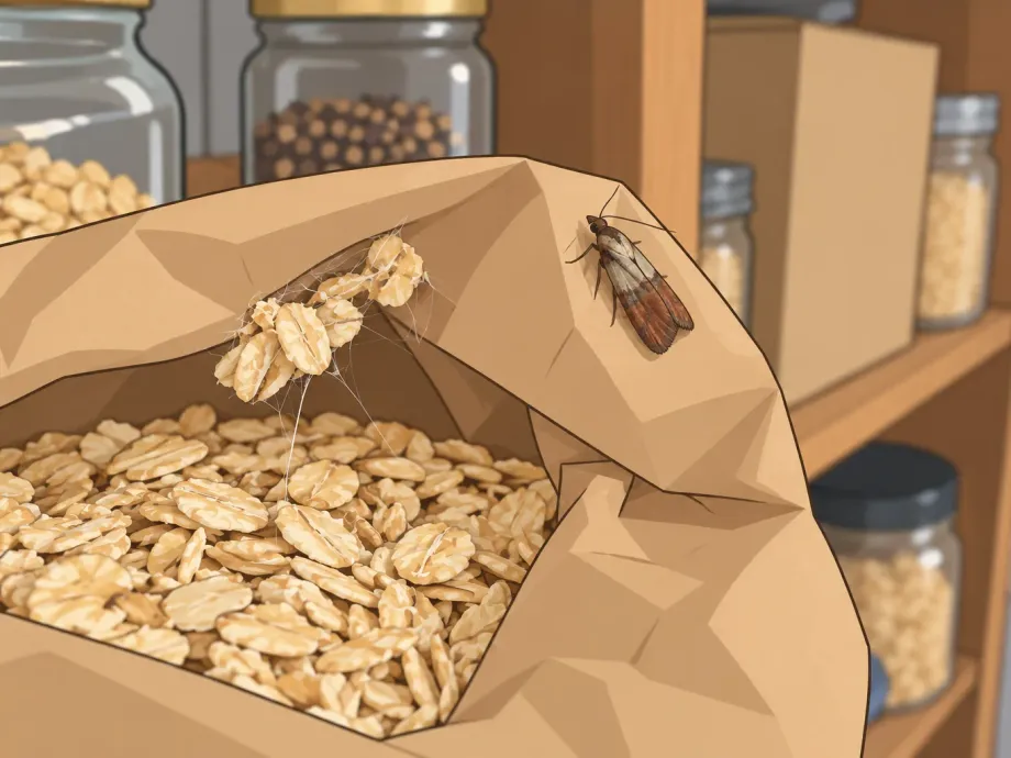 An Indian meal moth on the rim of an open paper bag of oats, with webbing on the flakes