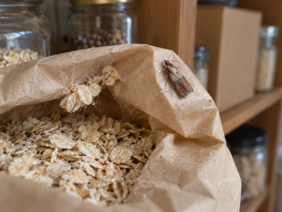 An Indian meal moth on the rim of an open paper bag of oats, with webbing on the flakes