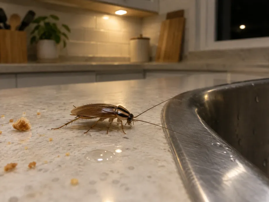A German cockroach on a kitchen counter at night, among crumbs and a drop of water beside the sink