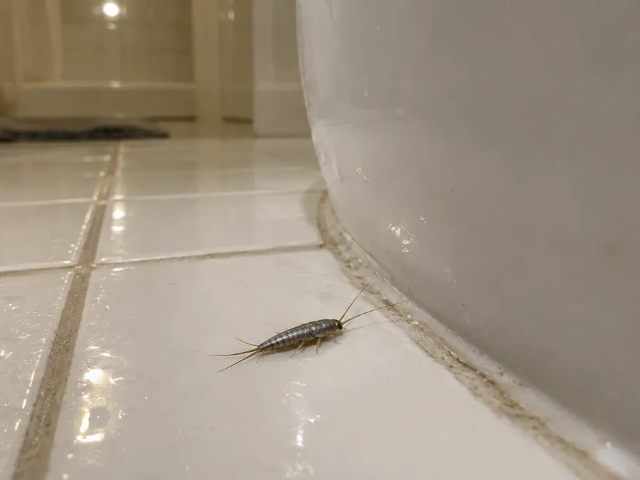 A silverfish on a white bathroom floor tile next to the base of a bathtub