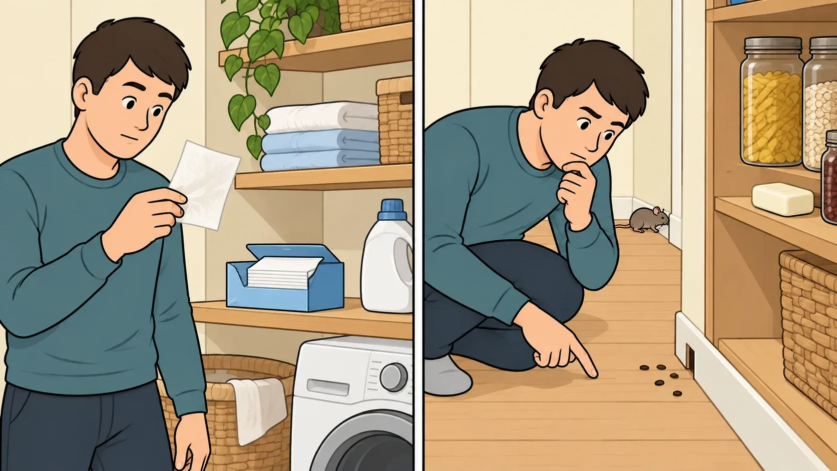 An illustrated homeowner examines a dryer sheet in a laundry area and checks for mouse signs near pantry shelves