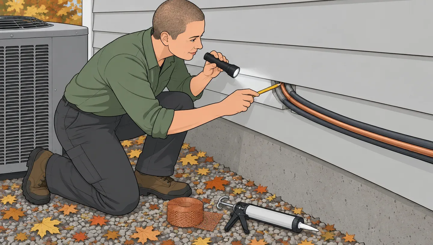 A woman in a green work shirt kneels by an outside wall and pushes a pencil into the gap around an air conditioner line where mice get in the house