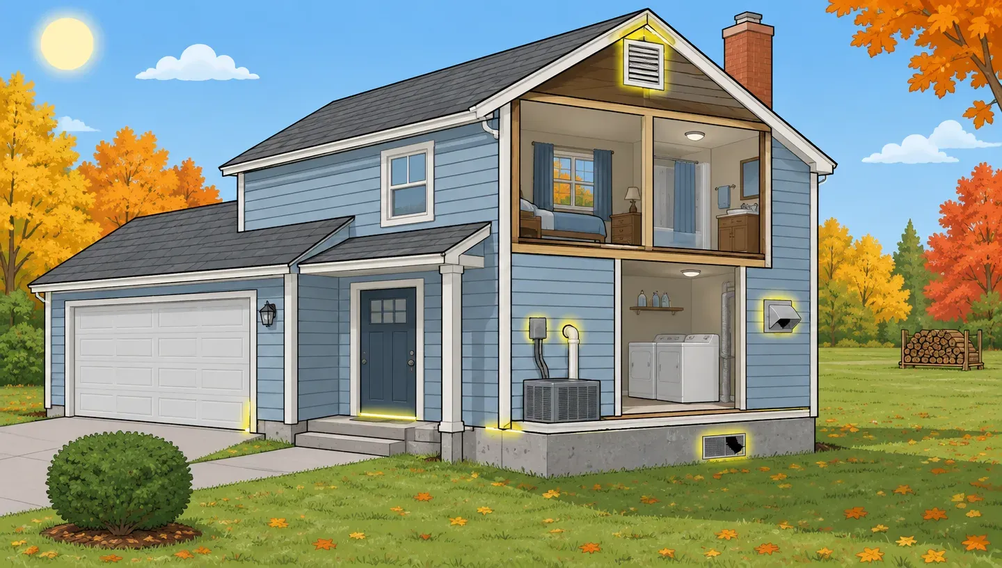 Cutaway illustration of a house showing where mice get in: gaps around pipes, a garage door corner, a foundation crack, a dryer vent, a crawl-space vent and a gap at the eaves