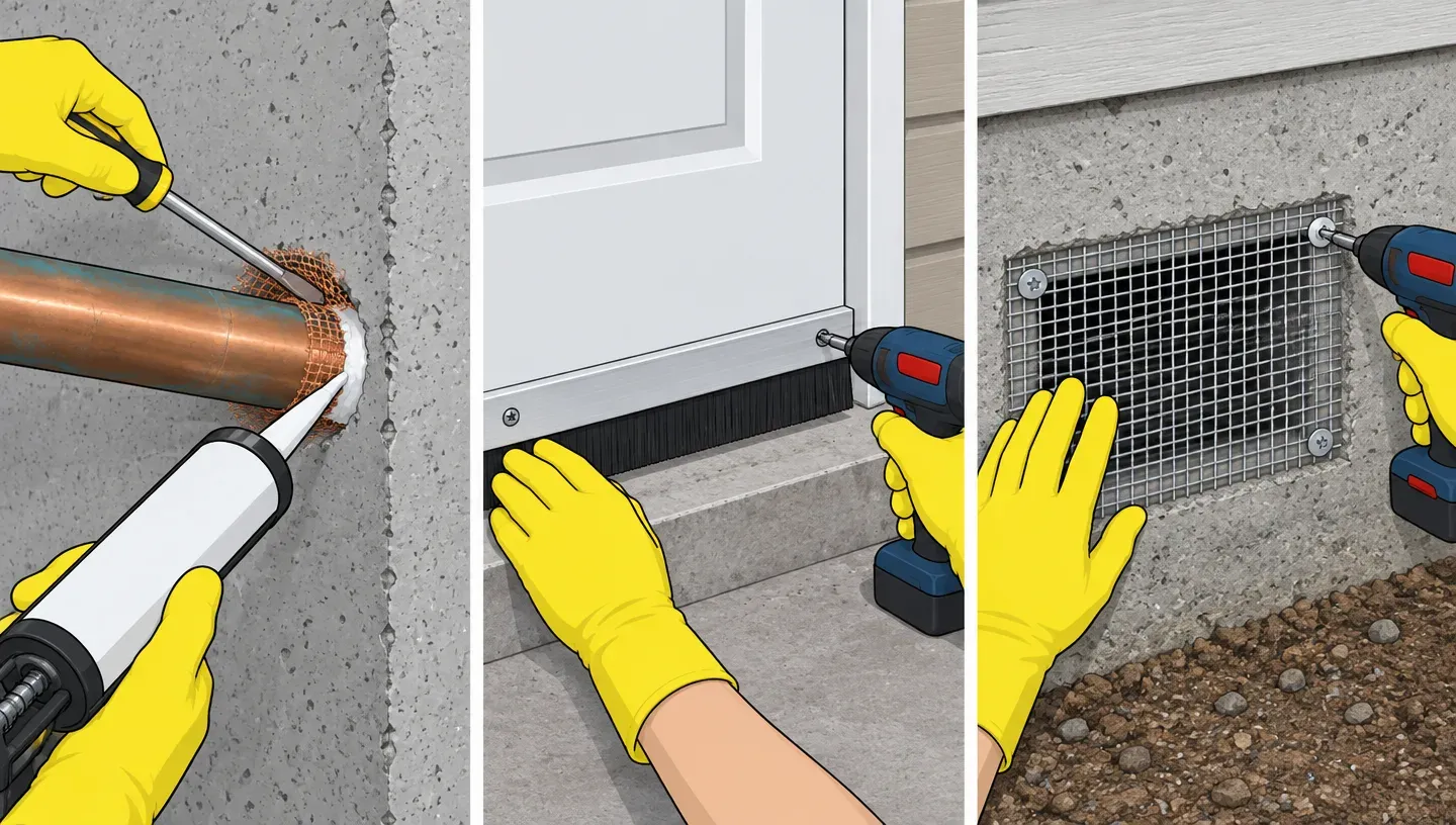 Three panels of gloved hands sealing entry points: copper mesh pushed around a pipe then caulked, a door sweep screwed to the bottom of a door, and hardware cloth fixed over a crawl-space vent