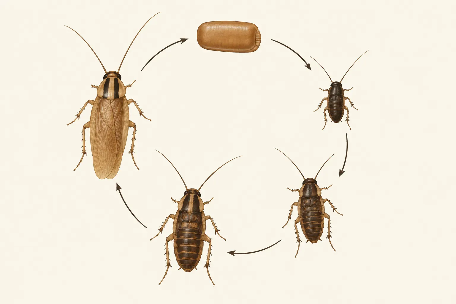 A simple life cycle illustration of a German cockroach: a tan egg case, small dark nymphs growing larger, and a winged adult, arranged in a circle on a plain background