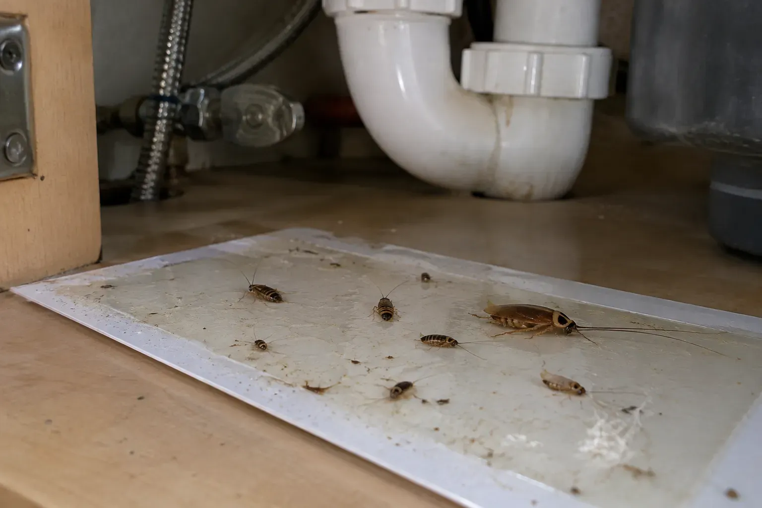 A sticky roach trap under a kitchen sink with a few small nymphs of different sizes and one adult German cockroach stuck to it