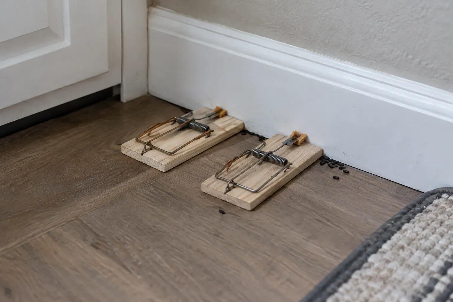 Two wooden snap traps set side by side against a kitchen baseboard near a few mouse droppings, the bait ends touching the wall