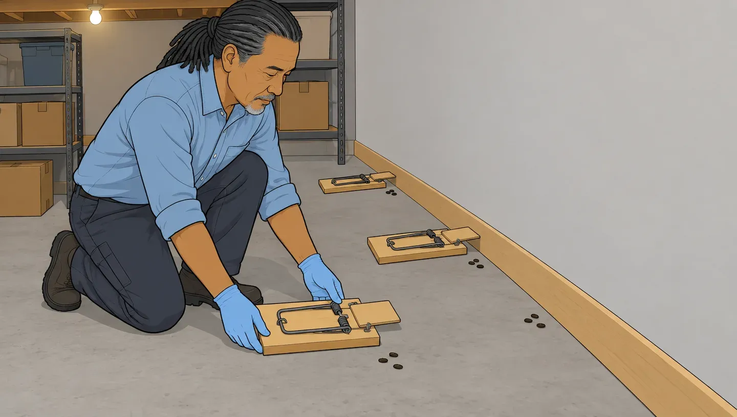 A man in a denim shirt kneels in a basement and sets a wooden rat snap trap at a right angle to the wall