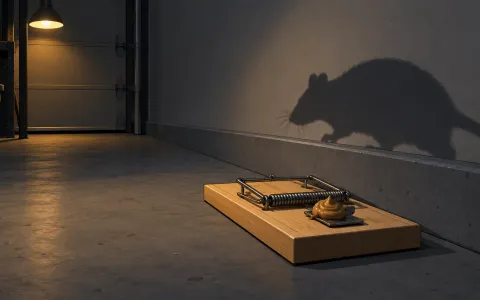 Illustration: wooden rat snap trap baited with a dab of peanut butter, set along a garage wall at night, a rat's shadow approaching along the wall.