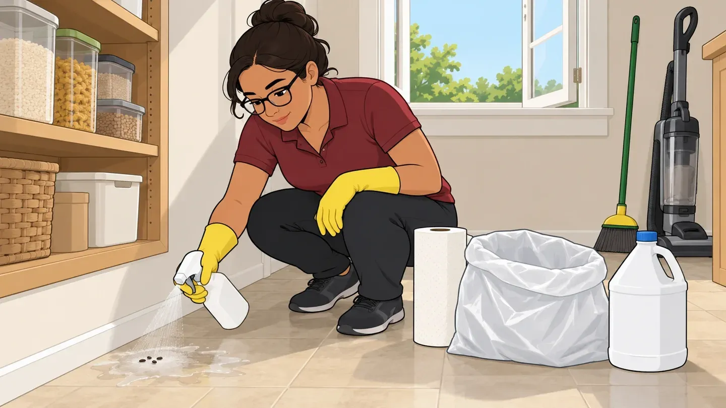 A woman in glasses, a maroon polo and yellow rubber gloves sprays mouse droppings on a pantry floor, with paper towels and a trash bag beside her and the window open