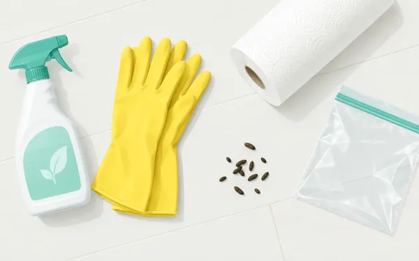 Illustration: top-down flat lay on a pale floor: a spray bottle of disinfectant, a pair of yellow rubber gloves, a roll of paper towels and a sealable plastic bag beside a small scatter of mouse droppings.