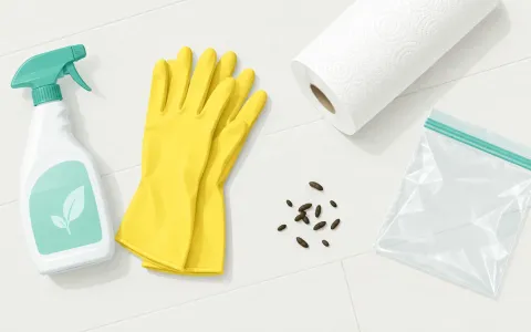 Illustration: top-down flat lay on a pale floor: a spray bottle of disinfectant, a pair of yellow rubber gloves, a roll of paper towels and a sealable plastic bag beside a small scatter of mouse droppings.