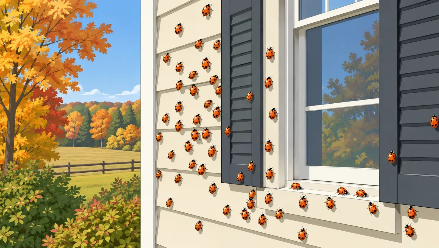 Orange Asian lady beetles clustered on the sunny south-facing wall of a house beside a window with dark shutters, trees behind