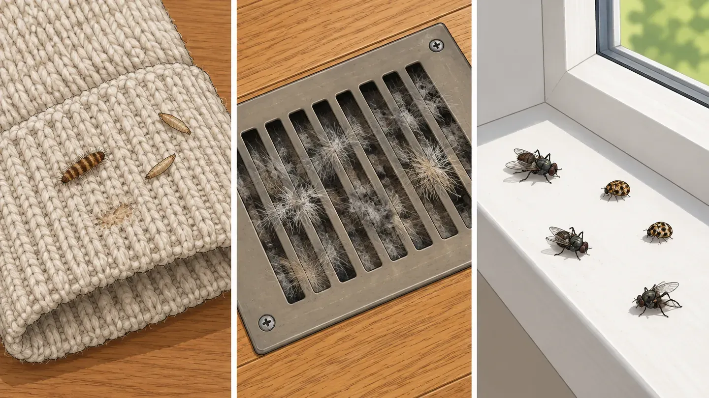Three panels: a wool sweater cuff with a fuzzy larva and shed skins, a floor vent clogged with lint and pet hair, and a windowsill with dead flies and small round beetles