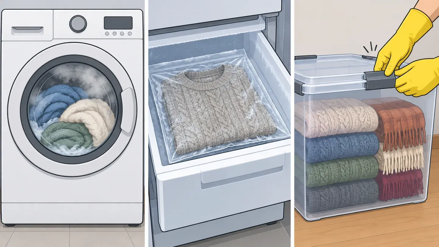 Three panels: a hot wash, a wool sweater bagged in a freezer, and clean woolens in a latching storage bin