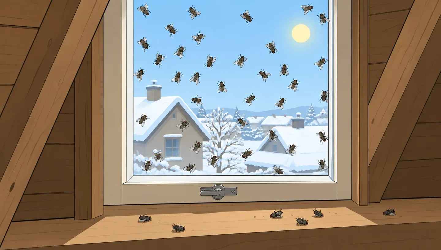 Dozens of sluggish dark gray flies on the inside of an attic window in winter light, with a few dead flies on the sill