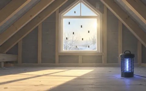 Illustration: empty attic with exposed rafters and a small gable window glowing with winter sun, a group of dark sluggish flies on the glass and a small UV light trap on the floor.