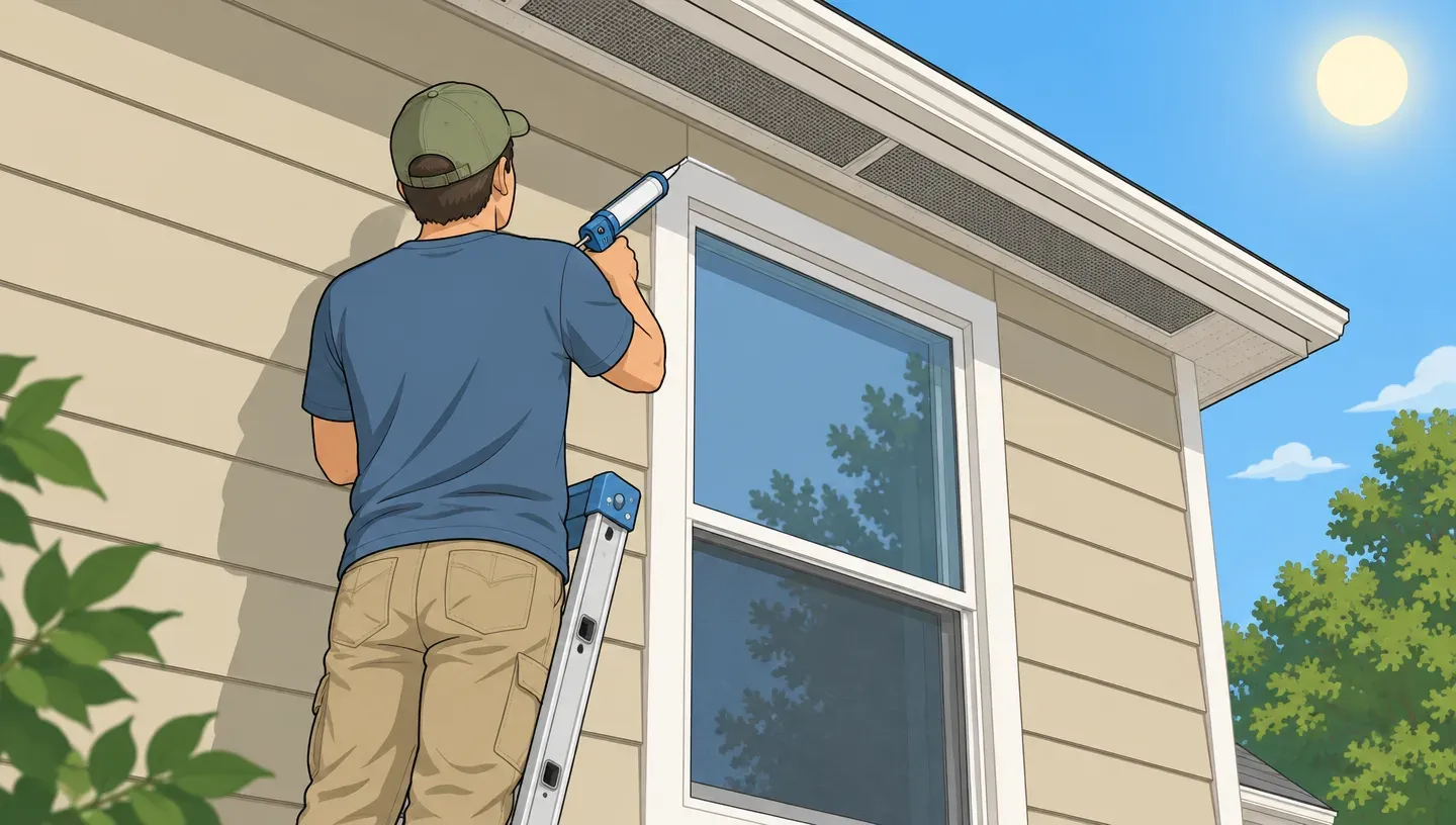 Gloved hands caulking around an upstairs window frame on the sunny side of a house in late summer, a ladder leaning against the wall
