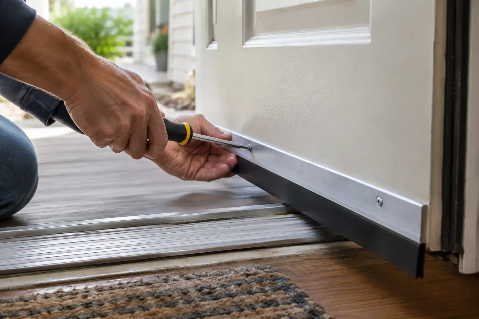 Hands fitting an aluminum door sweep to the bottom of an exterior door with a screwdriver, the threshold visible below