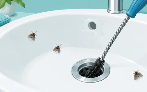 Illustration: close-up of a bathroom sink drain with a long flexible drain brush going into it, a few fuzzy moth-like drain flies on the white basin, a strip of clear tape over the overflow hole.