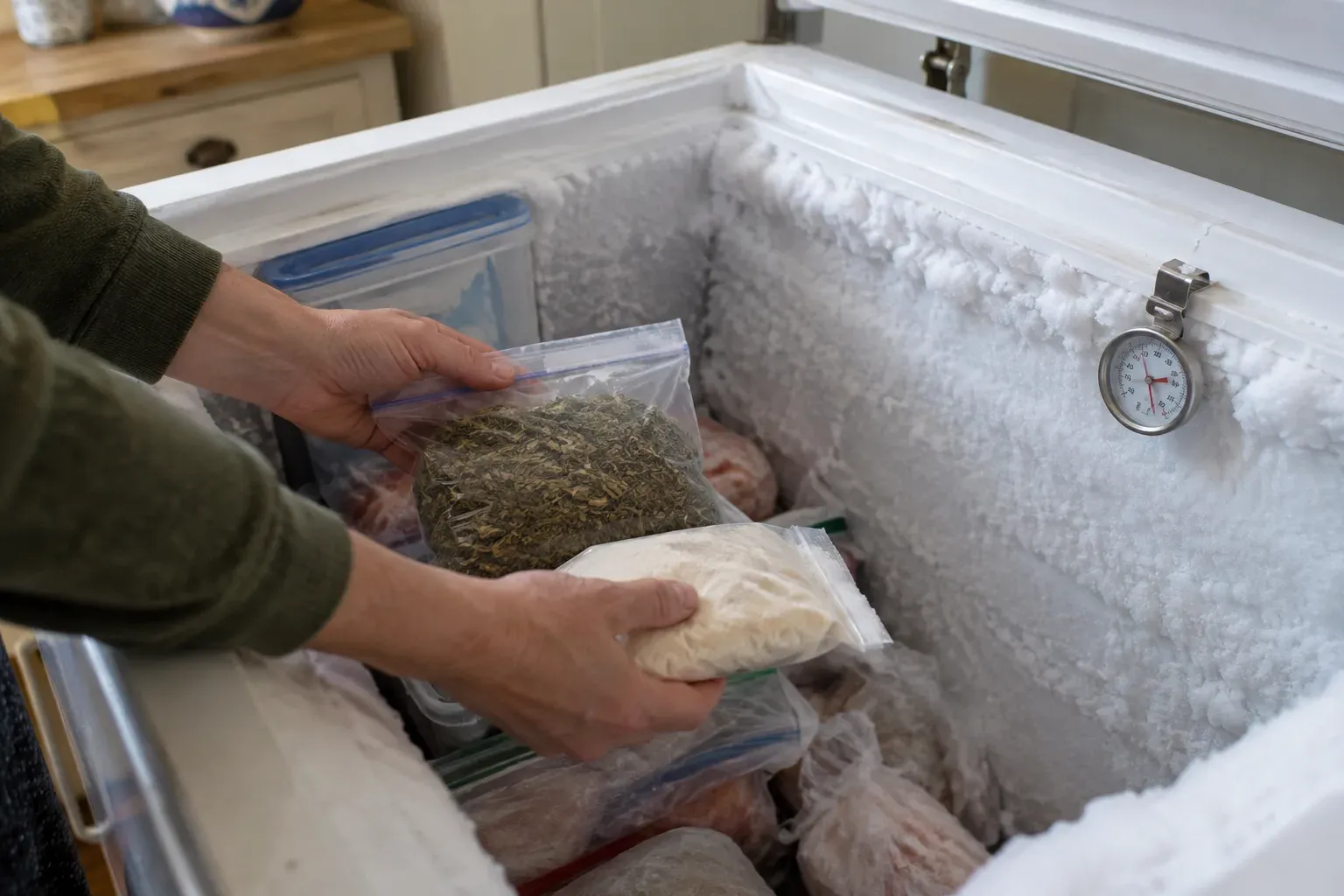 Hands place a bag of dried herbs and a small bag of flour into a frosty chest freezer with a thermometer clipped inside