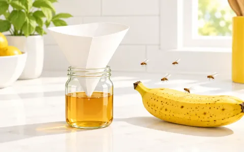Illustration: small glass jar with apple cider vinegar and a paper cone funnel on a sunny kitchen counter, a few fruit flies hovering near a ripe banana beside it.