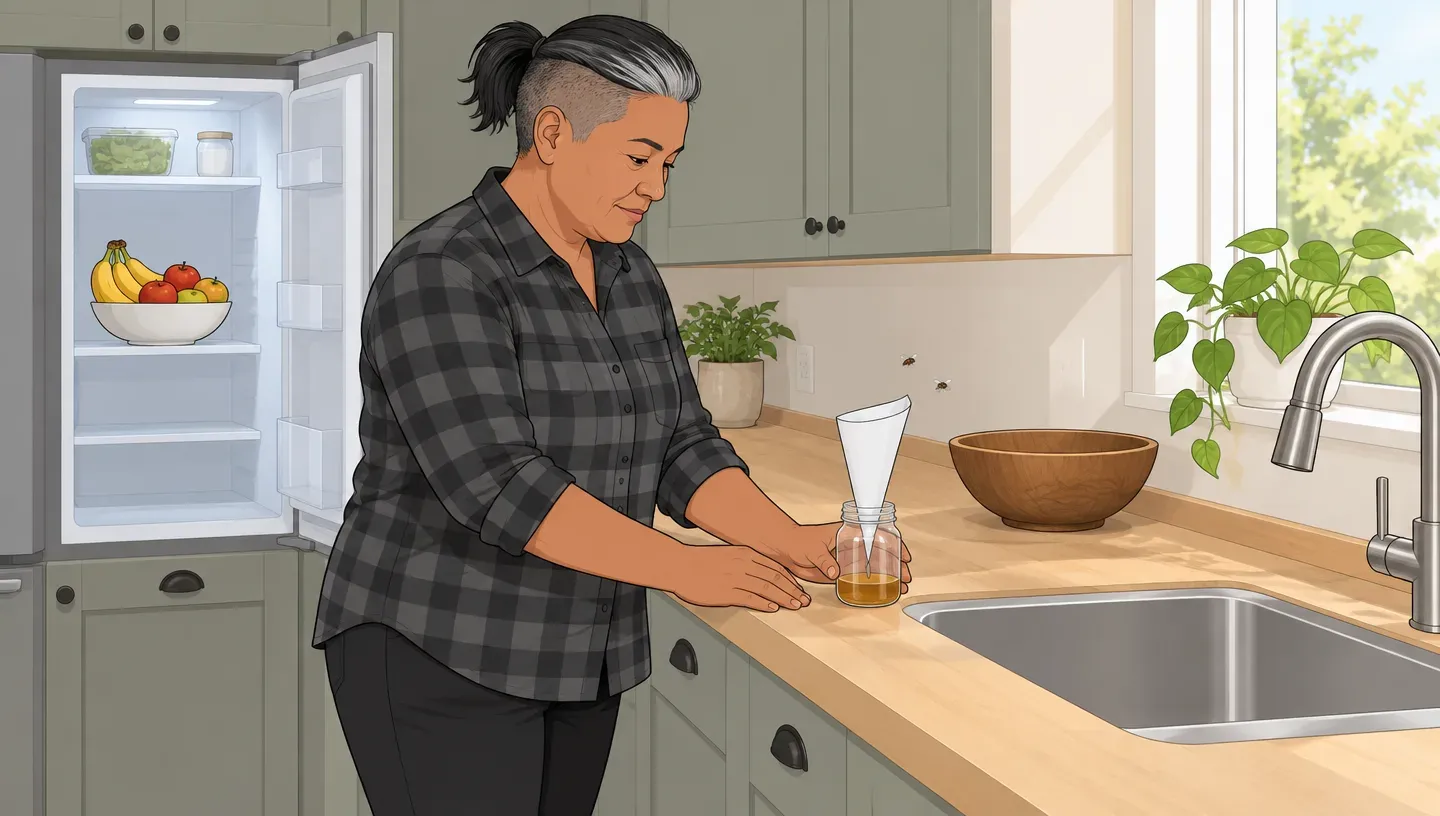 A woman in a charcoal flannel shirt sets a jar of cider vinegar with a paper funnel beside a kitchen sink, a bowl of fruit moved into the open fridge behind her
