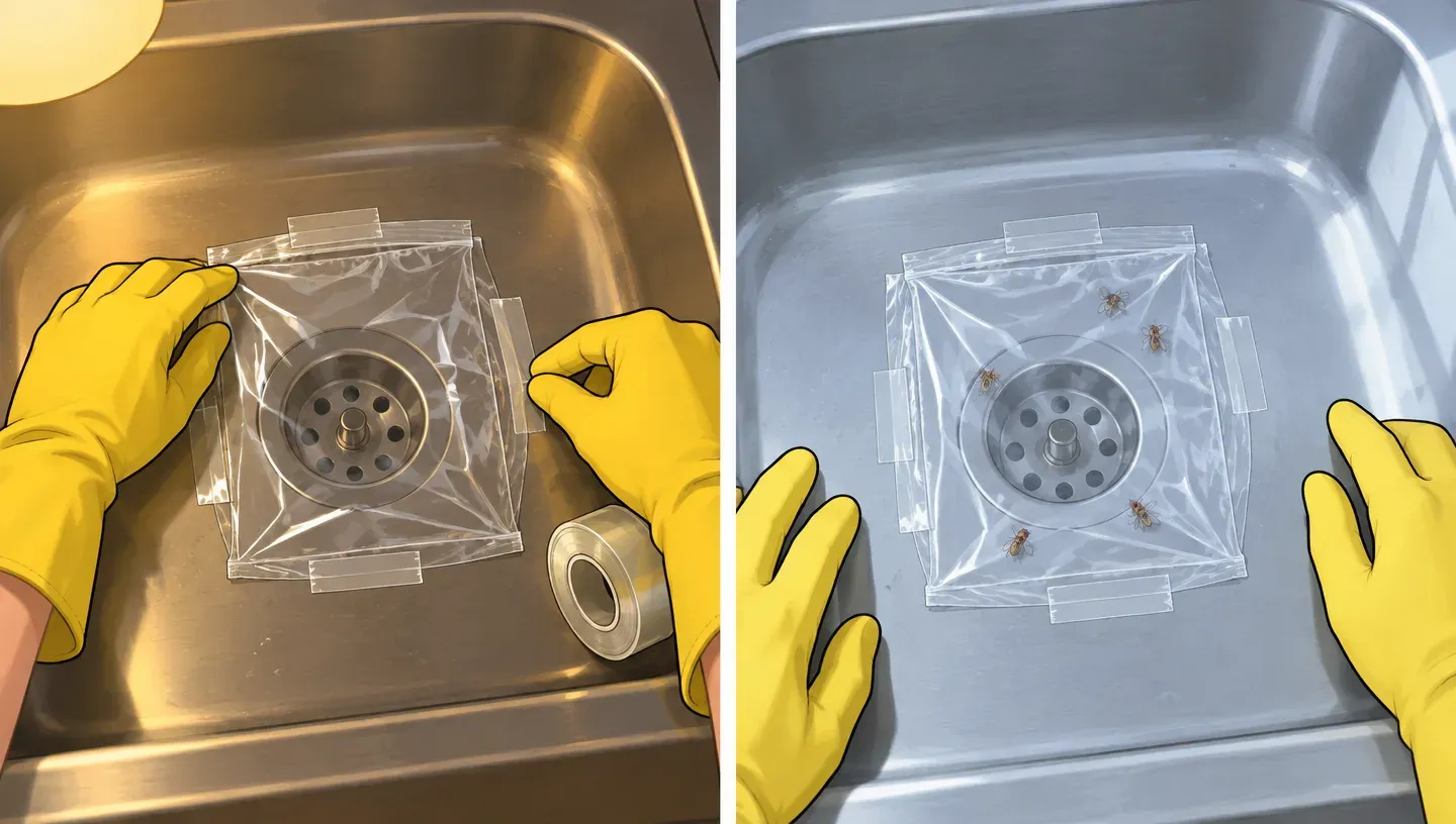 Two panels: gloved hands taping a clear plastic bag over a kitchen sink drain at night, and the same bag the next morning with a few tiny flies inside
