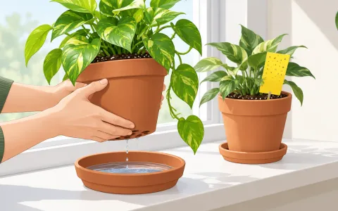 Illustration: two hands lifting a potted pothos out of a saucer of water to bottom-water it on a bright windowsill, a yellow sticky card stuck into the soil of a second pot behind.