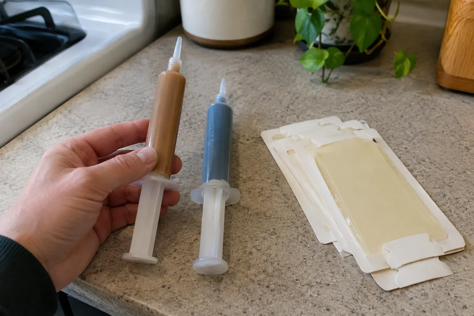 A hand holds one syringe of roach gel bait next to a second syringe of a different bait, with sticky traps on the counter