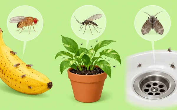 Illustration: three-panel composition showing three kinds of small flies and where they come from: a fruit fly over a ripe banana, a fungus gnat over a houseplant pot, a drain fly over a sink drain.
