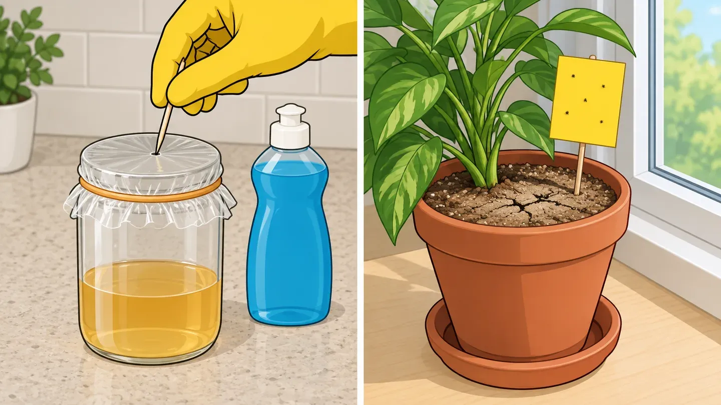 Two panels: gloved hands poke a small hole in plastic wrap over a jar of vinegar, and a yellow sticky card stands in a houseplant pot with dry soil