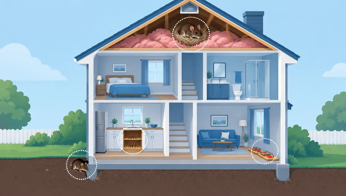 Cutaway of a house showing attic, kitchen sink, walls and foundation