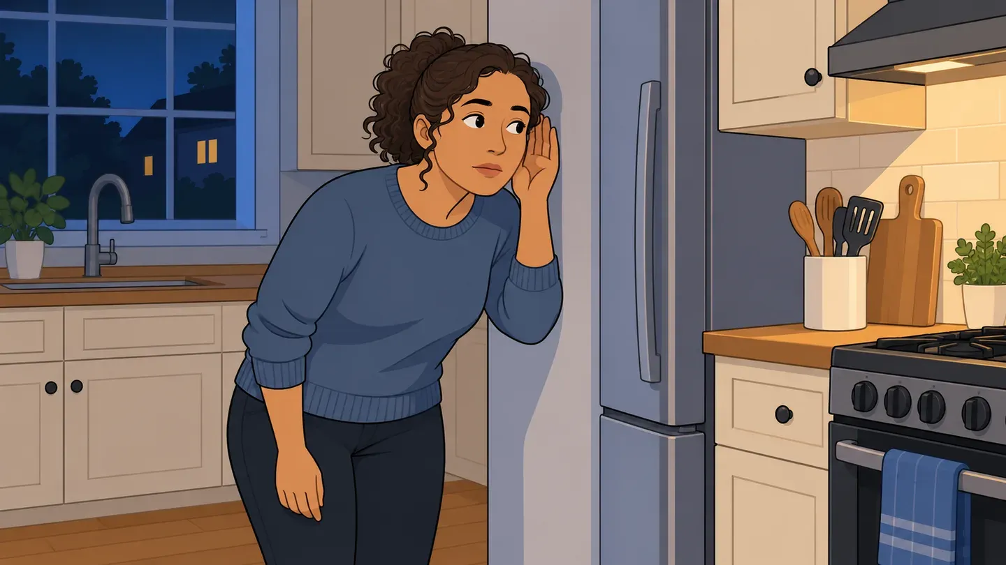 A woman in a kitchen at night holds her ear near the wall beside the refrigerator, listening for scratching