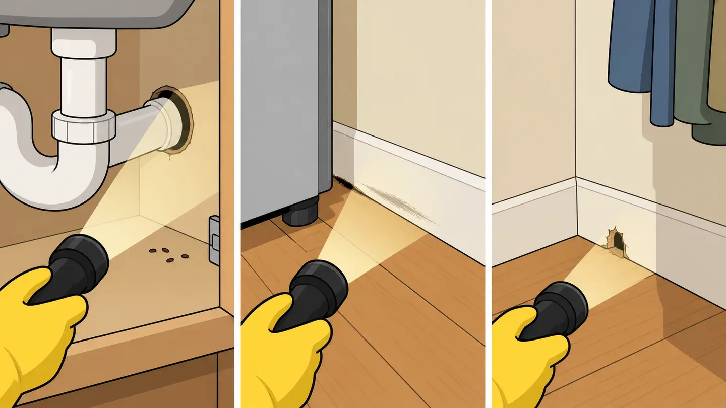Three panels showing a flashlight on a pipe gap under a kitchen sink, a gap behind a refrigerator, and a gnawed hole at the bottom of a baseboard