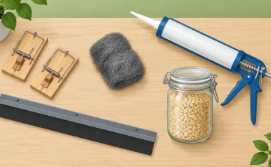 Illustration: top-down flat lay of poison-free mouse control tools on a light wood surface: snap traps, steel wool, a caulk gun, a door sweep, a sealed glass food jar.